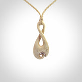 Hand carved Single twist pendant with a little koru carved into the bottom. This pendant is carved from a lovely cream coloured bone. The artist is Yuri Terenyi. Bone art to wear by NZ Pacific.